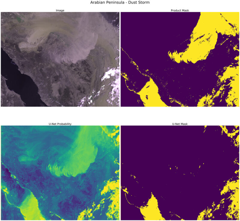 Four images from STFC's cloud masking project using machine language to classifying satellite imagery